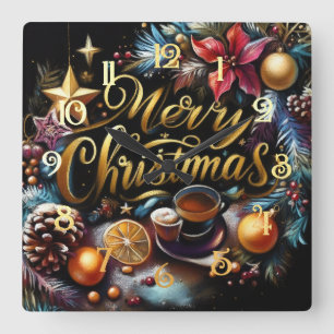 Horloge Carrée Dessin pastel d'un Whimsical de Noël