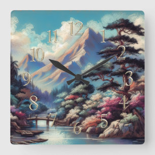 Horloge Carrée Dessin Pastel Paysage asiatique antique Montagne