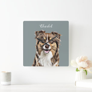 Horloge Carrée Dessin personnalisé Collie Chien personnalisé