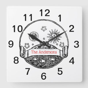 Horloge Carrée Dessin vintage soleil lune étoiles océan planète T