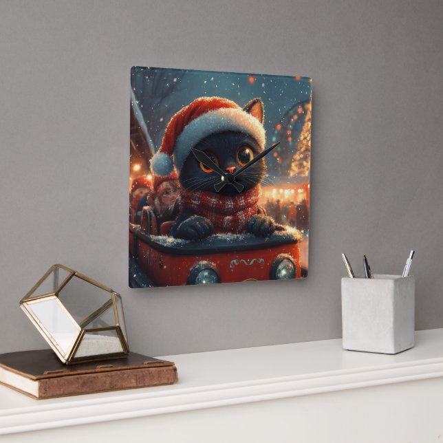 Horloge Carrée Dessous de verre noir à rouleaux de chat Noël (Bureau)