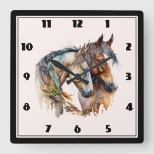 Horloge Carrée Deux beaux chevaux Boho occidental