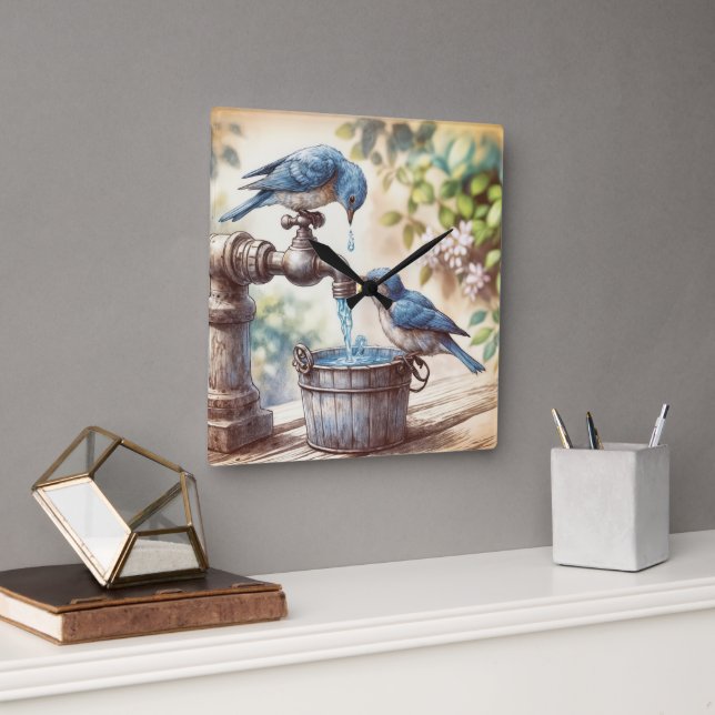 Horloge Carrée Deux Bluebirds avec Faucet et Old Bucket (Bureau)