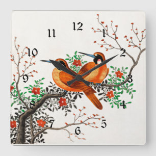 Horloge Carrée Deux oiseaux sur une branche de floraison