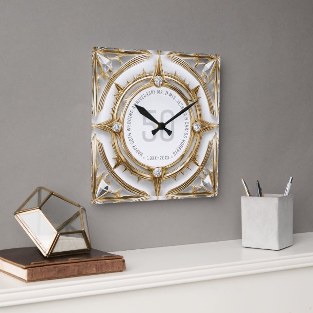Horloge Carrée Diamants blancs et or 50e anniversaire de Mariage (Bureau)