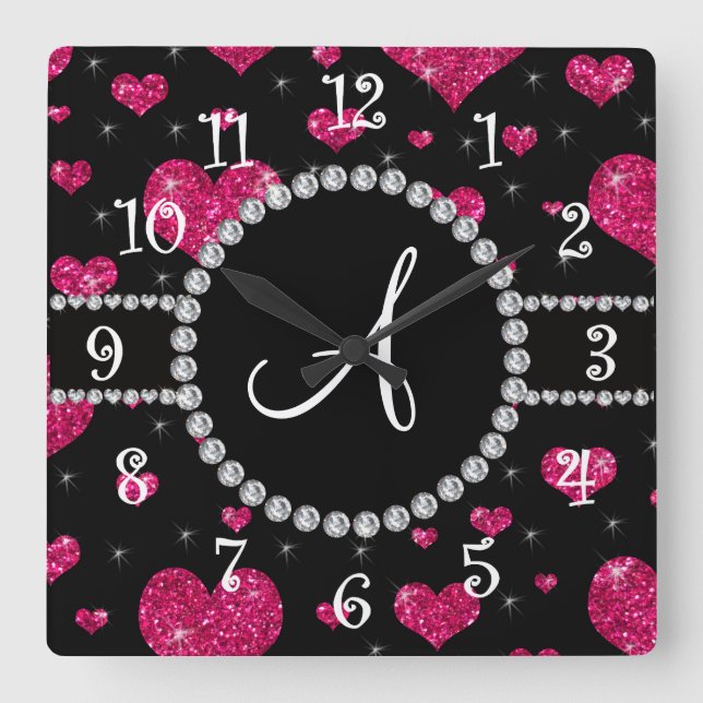 Horloge Carrée Diamants noirs de coeurs de parties scintillantes (Recto)