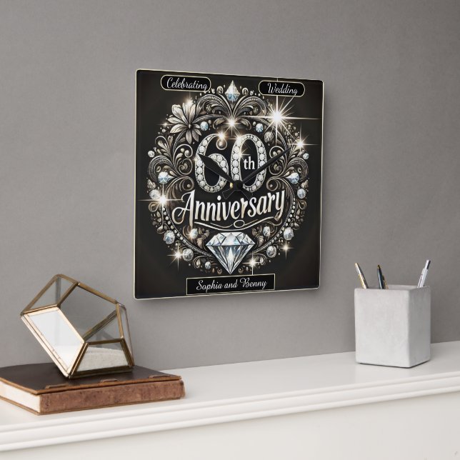 Horloge Carrée Diamond Splendor : 60e Anniversaire Design (Bureau)