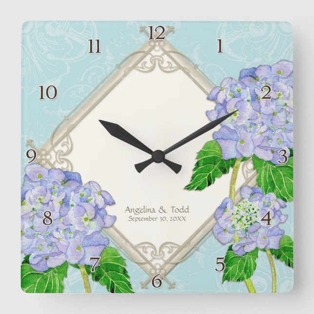 Horloge Carrée Diamond Swirl Blue Hydrangea (Recto)