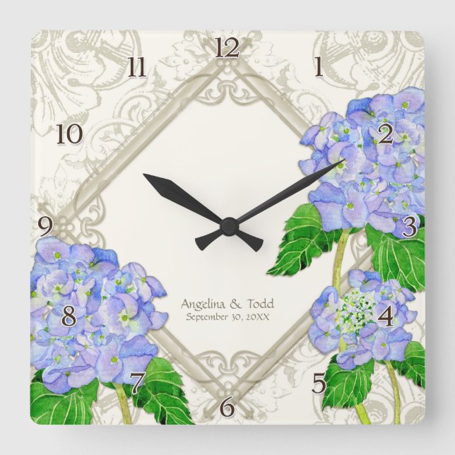 Horloge Carrée Diamond Swirl Blue Hydrangea (Recto)