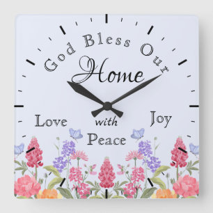 Horloge Carrée Dieu bénisse notre maison Floral Fleurs sauvages B
