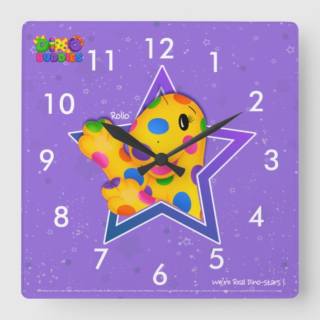 Horloge Carrée Dino-Buddies™ Square Wall Clock - Rollo™ w/Star (Recto)