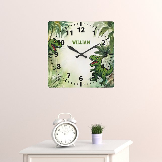 Horloge Carrée Dinosaur Tyrannosaurus Rex jungle (Créateur téléchargé)