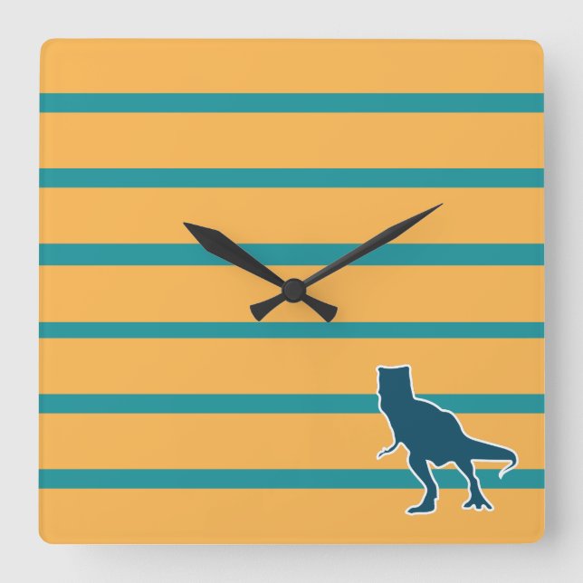 Horloge Carrée dinosaure t-rex jurassique rayures bleu jaune (Recto)
