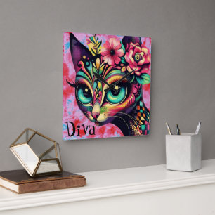 Horloge Carrée Diva Whimsical Big Eye Cat Kitty Floral