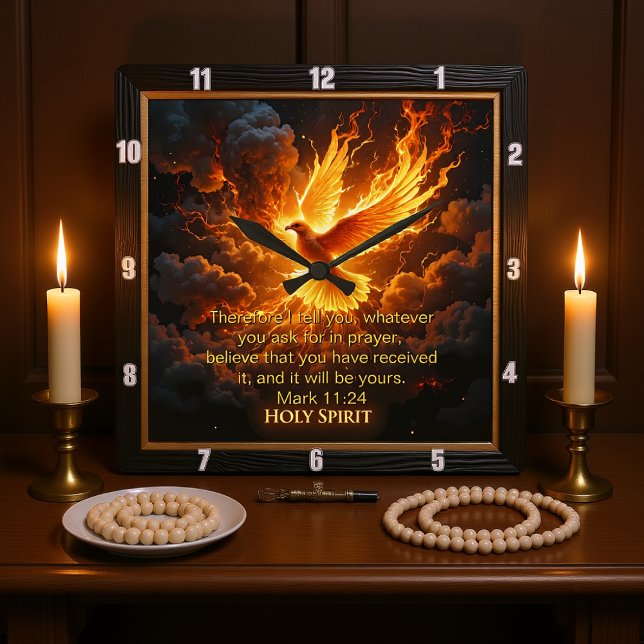 Horloge Carrée Divine Flame Holy Spirit Dove Mark 11:24 Verse (Créateur téléchargé)