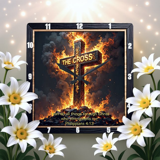 Horloge Carrée Divine Strength The Cross Philippians 4:13 Verse (Créateur téléchargé)