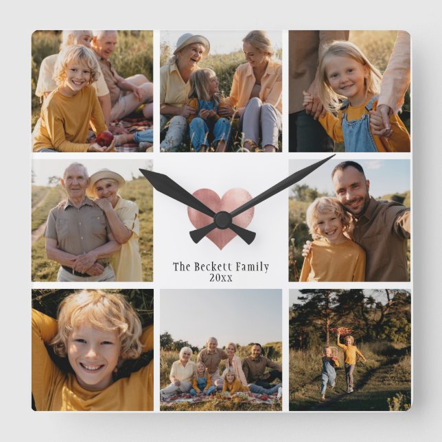 Horloge Carrée DIY Modern Family Photo Collage Rose Gold Heart (Recto)