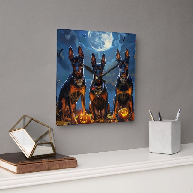Horloge Carrée Doberman Halloween Éffrayant (Bureau)