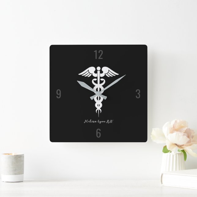 Horloge Carrée Docteur Médicale Caduceus Noir Professionnel Perso (Maison)