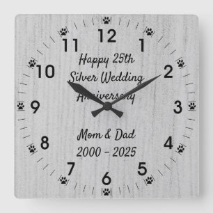 Horloge Carrée Dog Paw 25e anniversaire de l'Mariage d'argent