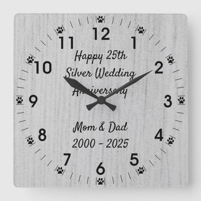 Horloge Carrée Dog Paw 25e anniversaire de l'Mariage d'argent (Recto)