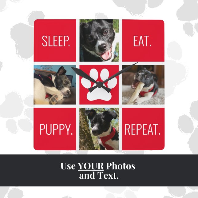 Horloge Carrée Dormir de chien mignon Mangez Répétez la modernité (This dog mom custom photo and text clock is a cute, practical and unique gift for Mother's Day!)