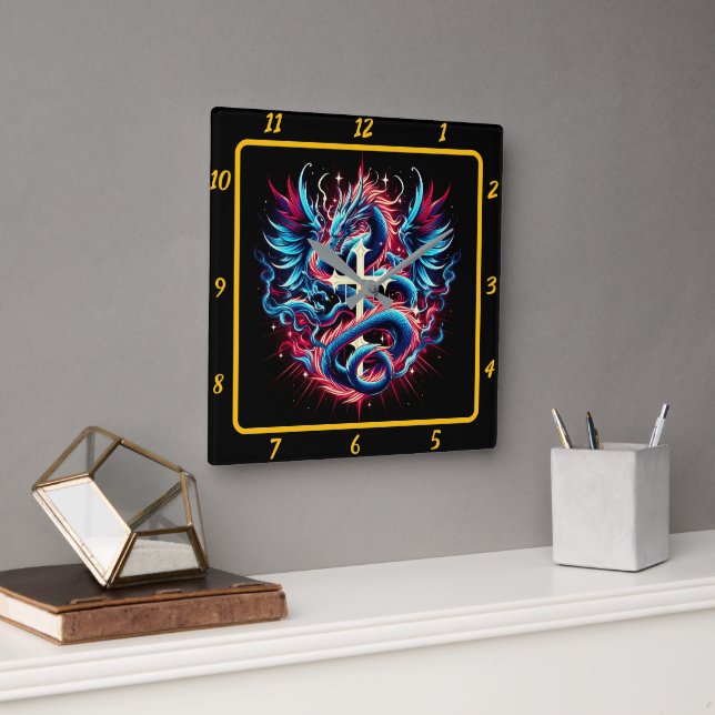 Horloge Carrée Dragon légendaire et Croix sacrée (Bureau)