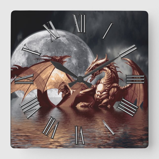 Horloge Carrée Dragon & Moon Fantasy Wall Clock (Recto)
