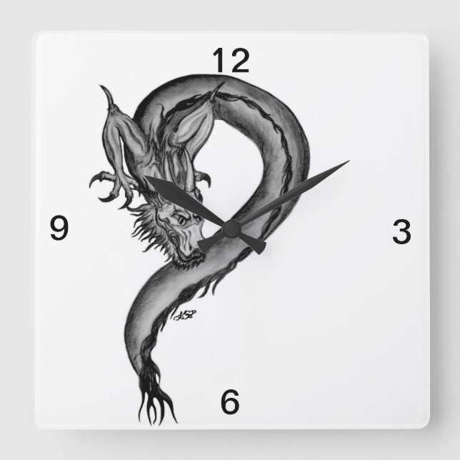 Horloge Carrée Dragon noir et blanc (Recto)