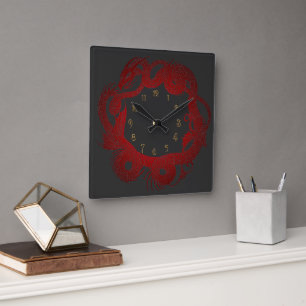 Horloge Carrée Dragon Rouge