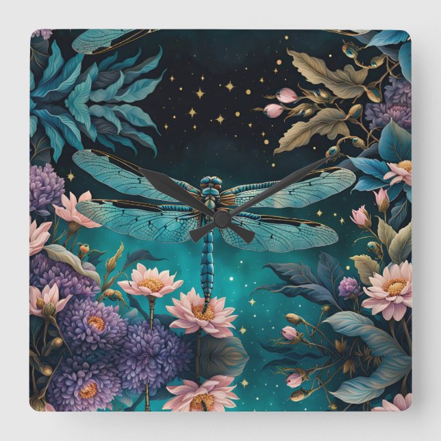 Horloge Carrée Dragonfly dans un jardin fleuri la nuit (Recto)