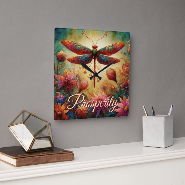 Horloge Carrée Dragonfly lunaire Floral Art Abstrait Prospérité (Bureau)