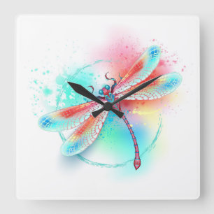 Horloge Carrée Dragonfly rouge sur l'arrière - plan aquarelle