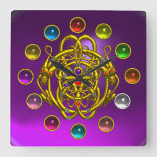 HORLOGE CARRÉE DRAGONS D'OR À DOUCEUR IMPRIMÉS EN PIERRES COLORÉE