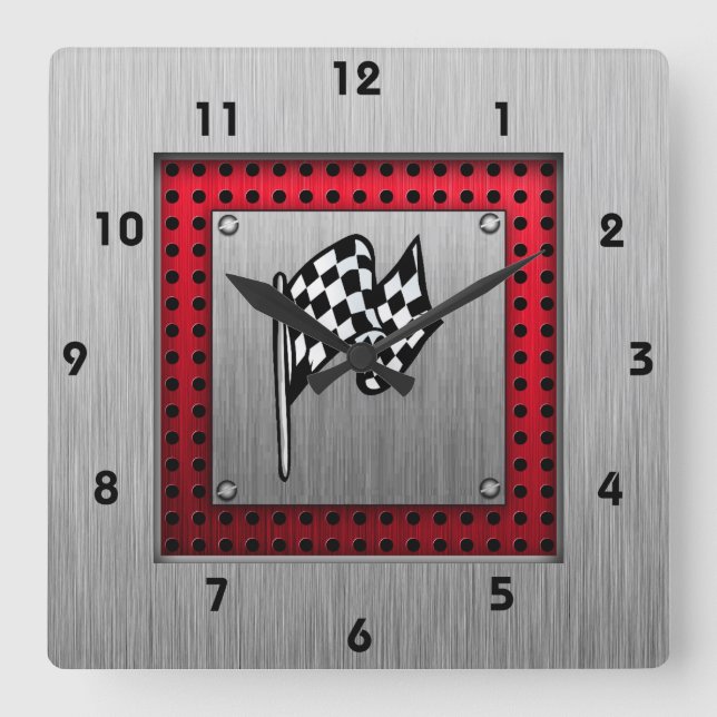 Horloge Carrée Drapeau À damiers ; look en aluminium brossé (Recto)