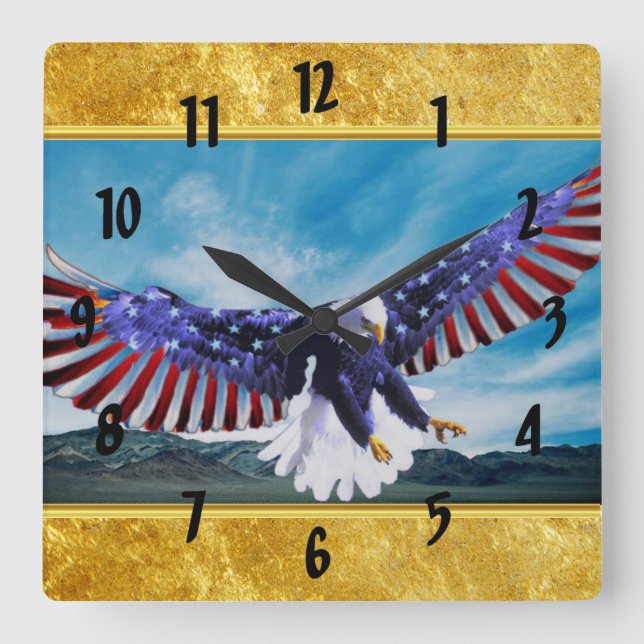 Horloge Carrée Drapeau américain Aigle volant dans le ciel feuill (Recto)