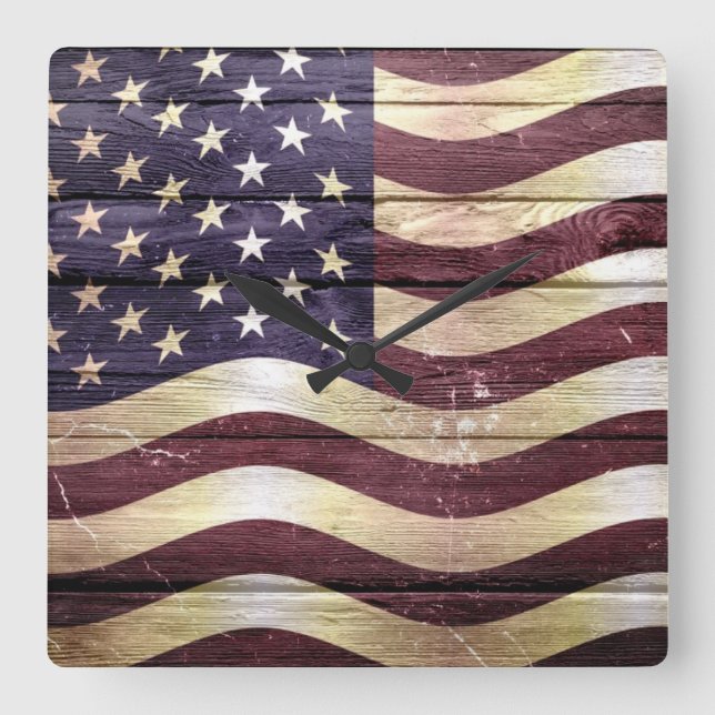 Horloge Carrée Drapeau américain bois Vintage (Recto)