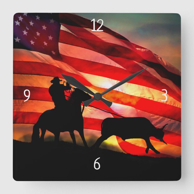 Horloge Carrée Drapeau américain Cowboy Roping et Cheval (Recto)