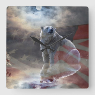 Horloge Carrée Drapeau américain de l'ours polaire