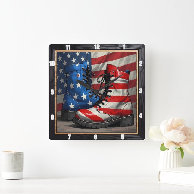Horloge Carrée Drapeau américain des bottes patriotiques (Maison)