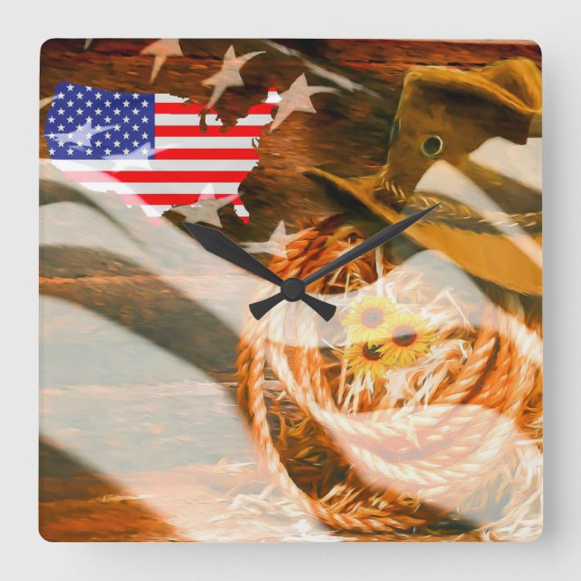 Horloge Carrée Drapeau américain Sunrays Cowboy Casquette Lasso (Recto)