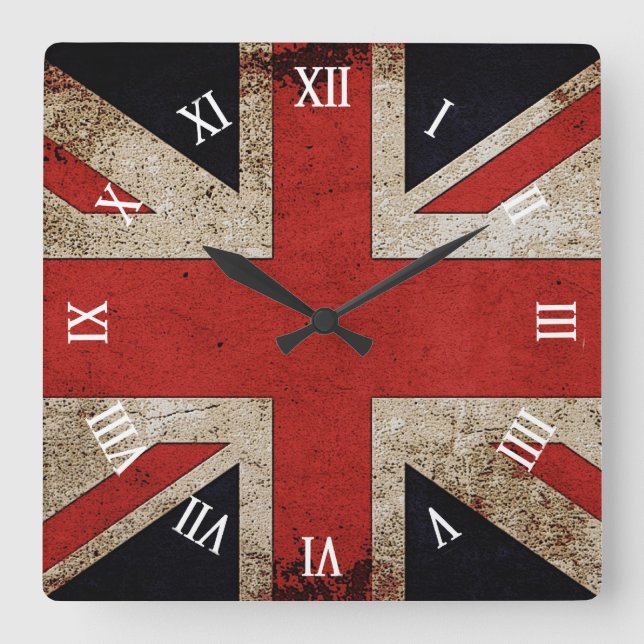 Horloge Carrée Drapeau artistique du R-U de grunge (Recto)