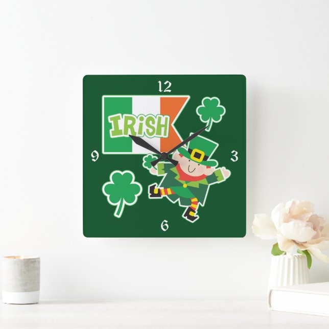 Horloge Carrée Drapeau irlandais Leprechaun (Maison)