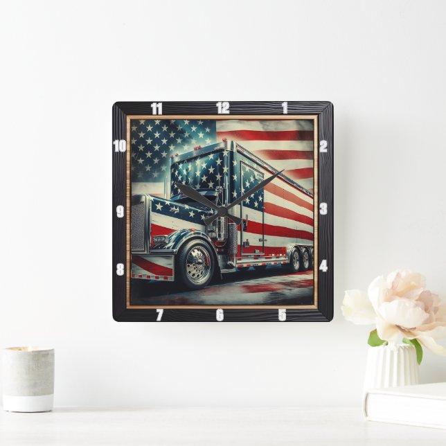 Horloge Carrée Drapeau Patriotique Américain Semi Camion (Maison)