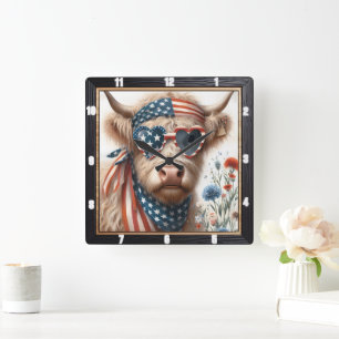 Horloge Carrée Drapeau Patriotique Highland Cow USA