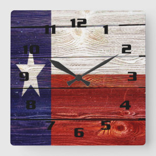 Horloge Carrée Drapeau rustique du Texas sur texture de bois impr