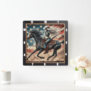 Horloge Carrée Drapeau vintage Skeleton Rider à cheval américain