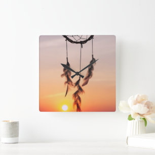 Horloge Carrée Dreamcatcher, Coucher de soleil, Yoga, Amulet indi