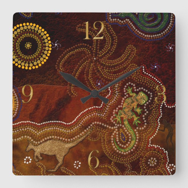 Horloge Carrée Dreamtime & Animaux aborigènes australiens (Recto)