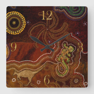 Horloge Carrée Dreamtime & Animaux aborigènes australiens